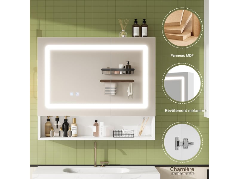  Armoire de toilette 2 portes avec miroir led désembuage mdf blanc 80x17x70 cm N877P457995K - Conforama E