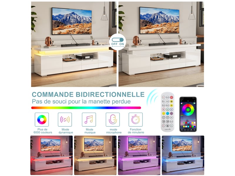  Meuble tv blanc brillant 180 cm avec led rgb et multiprise usb-c, grand rangement, pour tv jusqu’à 75 pouces  - Conforama E
