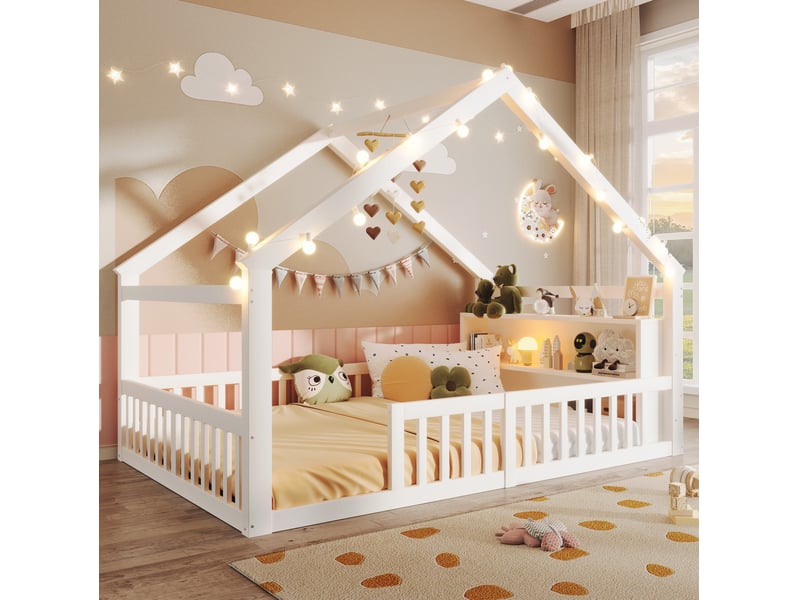  Lit enfant maison 140 x 190 cm avec barrières, étagères latérales et led, blanc  - Conforama B