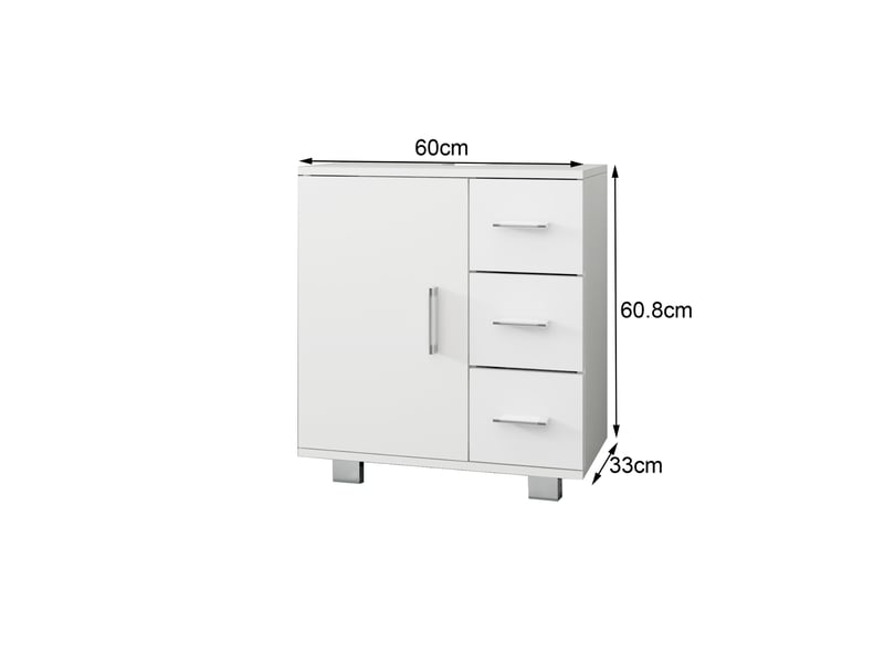 Ml-design meuble sous lavabo, blanc, 60 x 60,8 x 33 cm, avec 1 porte 2 étagères 3 tiroirs, panneau mdf finition mélaminée, armoire bas sur pied salle de bain, placard de rangement sous évier vasque 490001600 - Conforama B