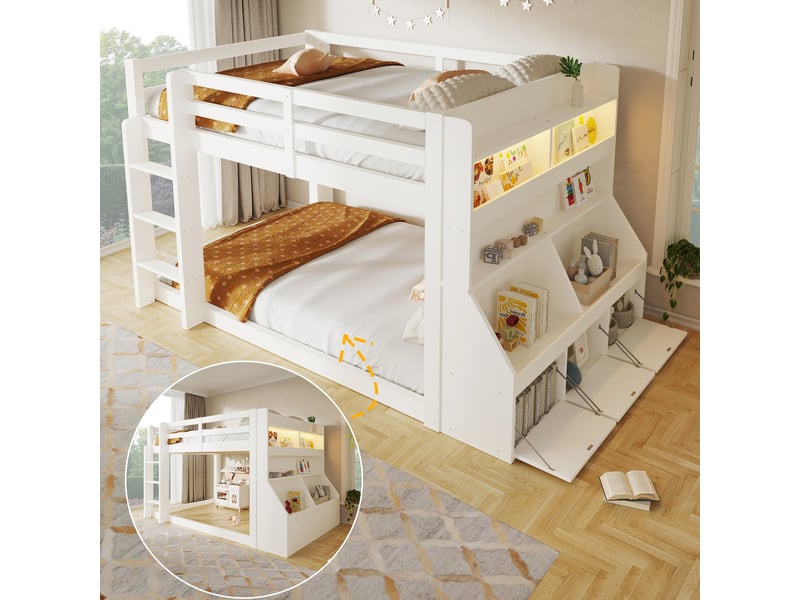 Lit mezzanine enfant 140 x 200 cm avec rangements, étagères ouvertes, coffres rabattables et led multicolore, bois et mdf - blanc OMNIGLINT TRADING LTD - Conforama E