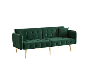 Canapé droit convertible 2 places en velours vert, dossier et accoudoirs réglables, couchage d'appoint moderne