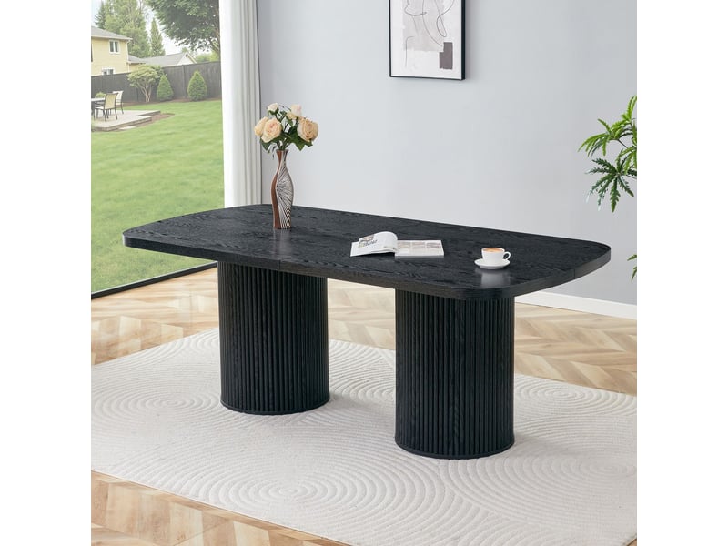 Table à manger plateau mdf aspect bois table de cuisine plateau ovale pied colonne rainuré style wabi-sabi style mid-century - Conforama B