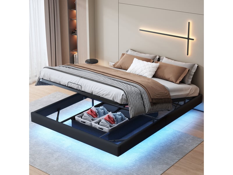 Lit coffre 160x200cm - lit double 160x200 - cadre de lit suspendu sans tête de lit en simili cuir pu avec led rgb - noir - Conforama C