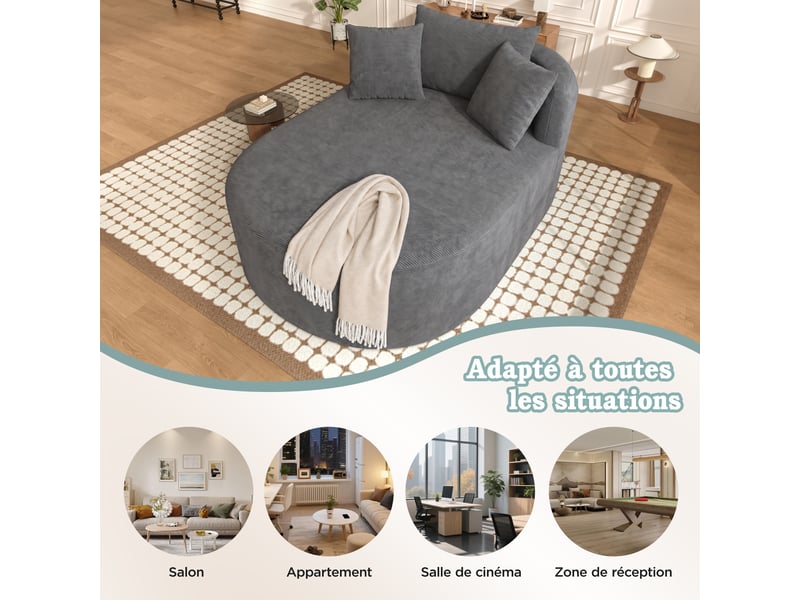 Fauteuil relax velours côtelé, fauteuil 1 place gris foncé avec assise profonde, design ovale moderne pour salon et chambre. - Conforama R