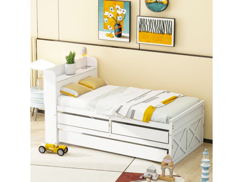  Lit gigogne 90x190 cm avec 2 tiroirs, table de chevet avec rangement et usb, sommier à lattes, pin massif, blanc OMNIGLINT TRADING LTD - Conforama E