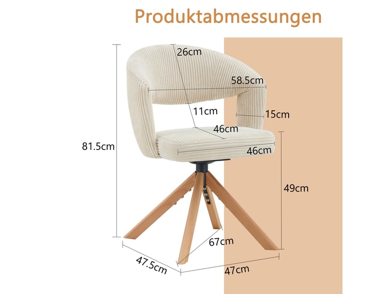  Lot de 2 chaises de salle à manger pivotantes rétro en velours côtelé blanc crème et bois  - Conforama E