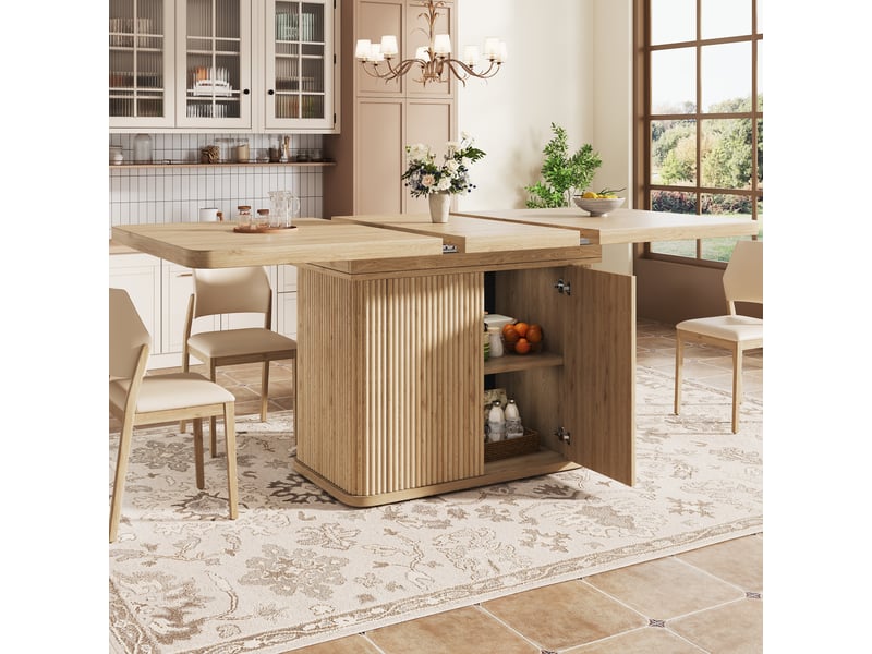  Table à manger extensible 140 à 180 cm avec rangement caché, plateau coulissant et façades rainurées, effet bois clair evarich - Conforama E