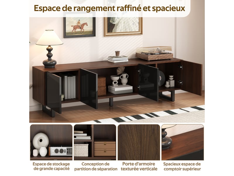  Meuble tv avec rangements fermés et étagères ouvertes pour salon 180×38×50 cm en mdf noir naturel  - Conforama C
