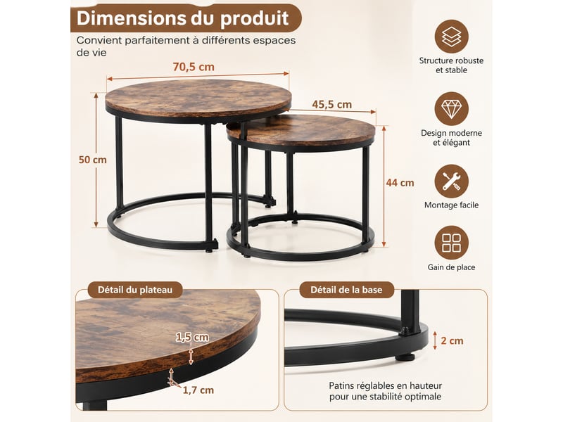  Lot de 2 tables gigognes rondes marron en mdf et métal, ø 50 x h 70,5 cm et ø 45,5 x h 44 cm  - Conforama C