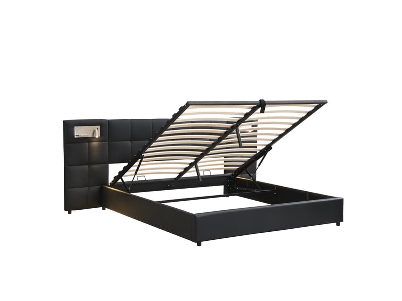  Lit rembourré 180 x 200 cm, lit hydraulique, avec port usb, chargeur sans fil et lampe d'éclairage, avec espace de rangement, pour adultes et adolescents, sommier à lattes en bois, montage facile, pu, noir  - Conforama D