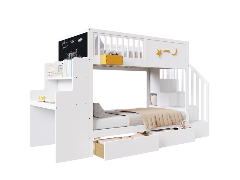 Lit superposé enfant 90x200 cm, 2 tiroirs inclus, bureau, escalier avec rangement, bois et mdf blanc - Conforama A