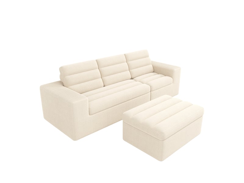  Canapé d'angle modulable en l, velours côtelé beige, canapé nuage 4 places sans armature avec pouf pour salon et grand appartement.  - Conforama A