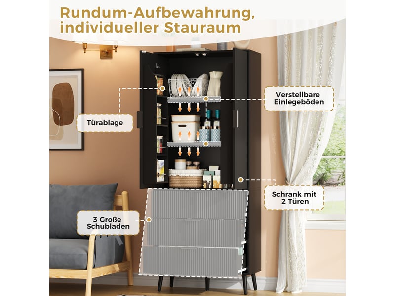  Armoire de rangement haute 2 portes 3 tiroirs avec étagères -  mdf rainuré, noire  - Conforama E
