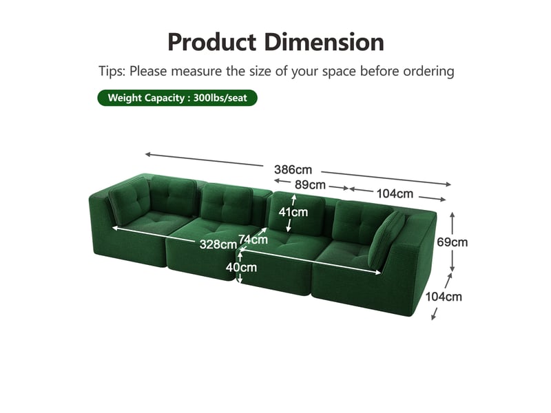  Canapé d'angle modulaire en corduroy avec assise basse et base antidérapante, vert  - Conforama E