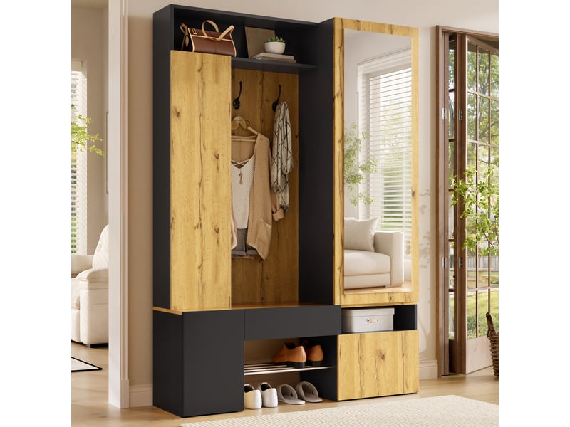  Vestiaire d'entrée 127x35x180,5 cm avec miroir, meuble d'entrée mdf avec penderie, range-chaussures et rangements, armoire de couloir - noir et naturel  - Conforama D