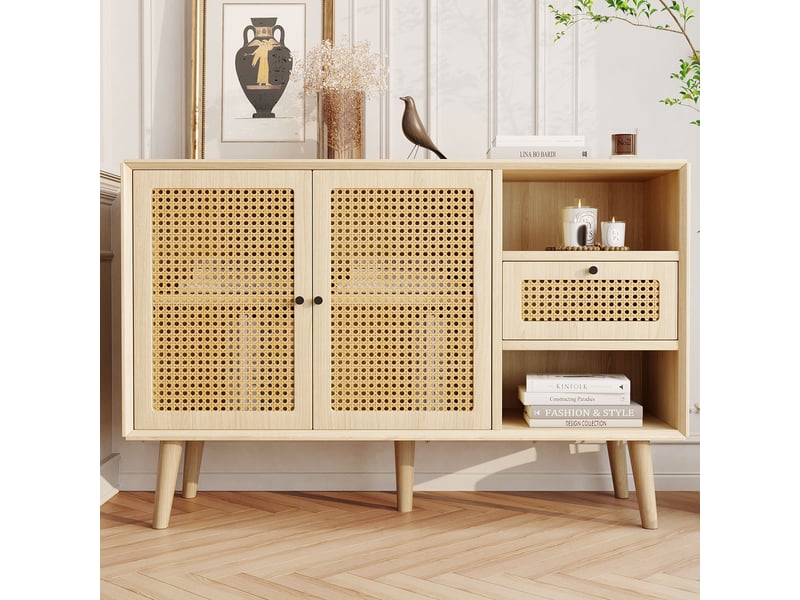  Buffet enfilade 120x40x80cm rangement gain de place | style bohème cannage en rotin | charge max 70kg montage facile - chêne clair  - Conforama B