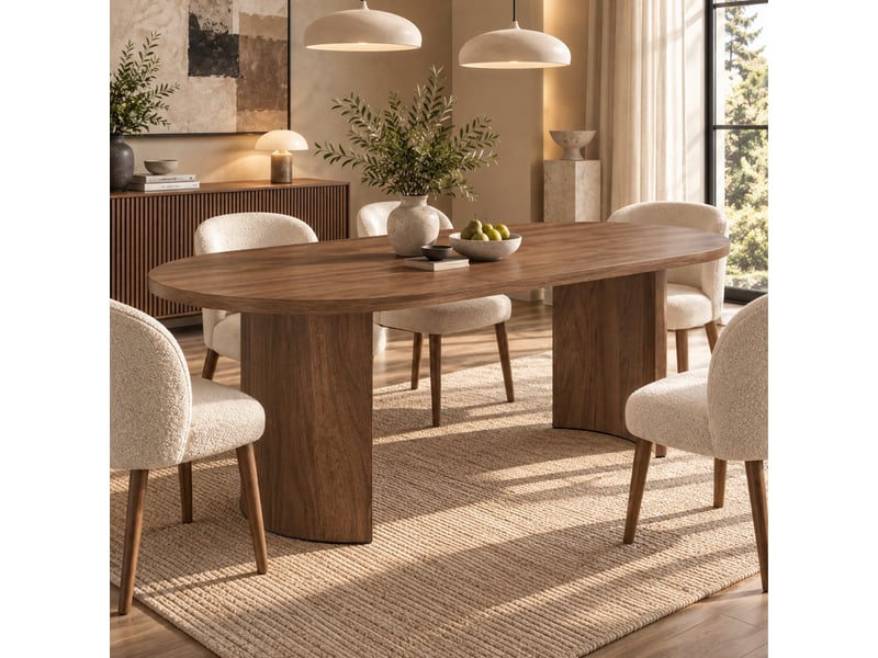  Table à manger 200x90x75cm pour 6 à 8 personnes, plateau épais aux angles arrondis, pieds incurvés, style épuré, effet noyer evarich - Conforama E
