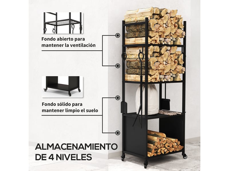 Porte-bûches à roulettes 4 niveaux, métal noir avec 4 outils, 45 x 30 x 118 cm - Conforama R