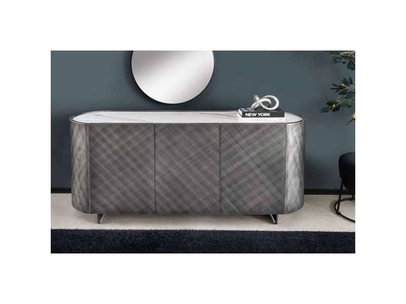  Buffet 150 cm 3 portes 1 tiroir gris et marbre blanc – collection milano  - Conforama E