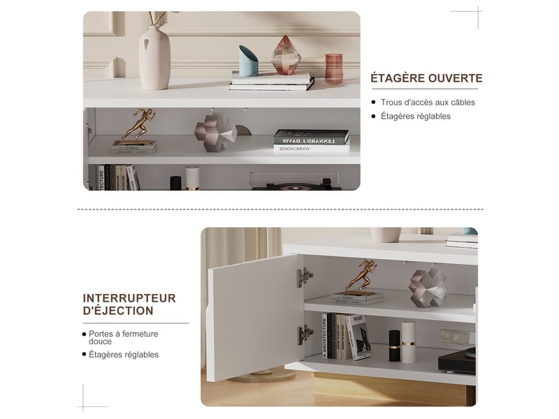  Meuble tv blanc 175 cm style nordique avec 4 portes, multiprise usb-c intégrée, étagères réglables, pour tv jusqu’à 80 pouces  - Conforama E