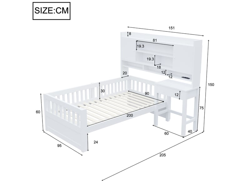 Lit enfant multifonction 90x200 cm en bois avec bureau, rangements, étagères, tiroirs, led et prise usb - blanc - Conforama C