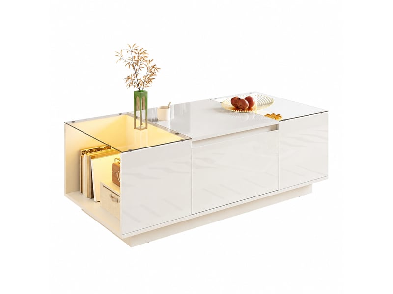  Table basse blanche avec rangement, 2 tiroirs et éclairage led, finition brillante, 105 x 50 x 35 cm  - Conforama A