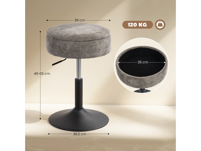  Tabouret de bar avec rangement, réglable en hauteur, tabouret de cuisine rond pivotant, revêtu de chenille grise  - Conforama E