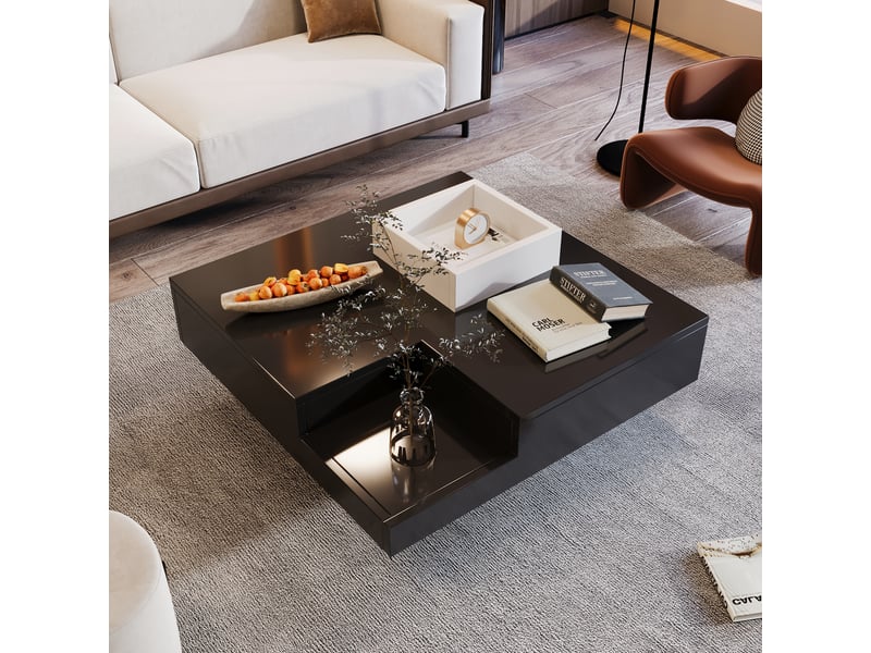  Table basse contemporaine 72x72 cm blancnoir color-block, boîte de rangement amovible et led  - Conforama E