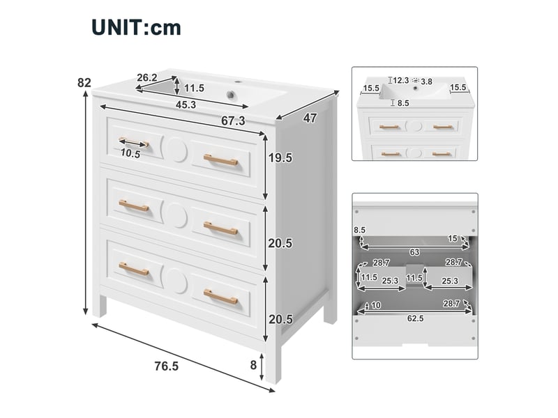  Meuble sous-vasque sur pied avec vasque céramique 3 tiroirs blanc 76.5x47x82 cm  - Conforama C