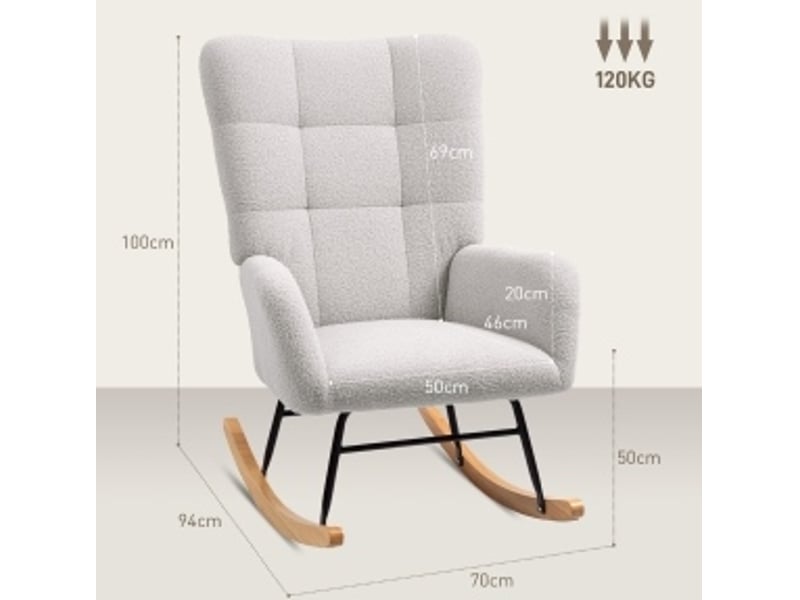 Fauteuil à bascule avec accoudoirs, dossier rembourré et assise large en tissu effet teddy gris clair - Conforama C
