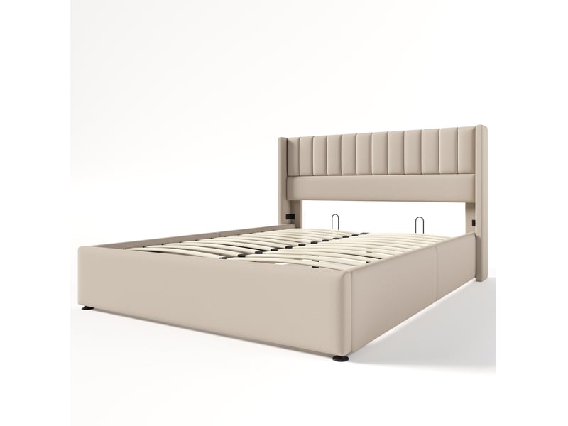  Lit coffre rembourré 160 × 200 cm 2 places avec rangement hydraulique, sans matelas, en lin beige  - Conforama A