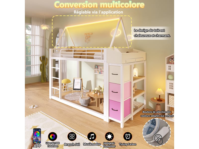  Lit mezzanine 90 x 200 cm – avec étagères de rangement – ​​avec tiroirs en tissu – avec ruban lumineux led – blanc (matelas non inclus)  - Conforama W