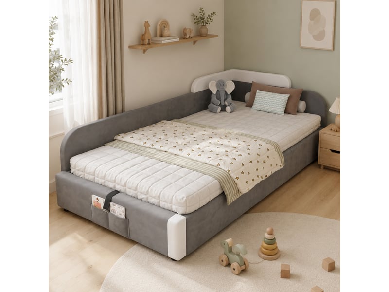  Lit enfant 90x200 cm avec rangement hydraulique, velours gris et blanc  - Conforama B