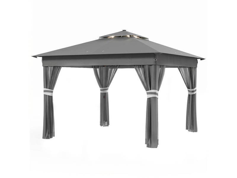  Tonnelle de jardin à hauteur réglable avec éclairage led, acier et toile oxford, 336 x 336 x 250-270 cm, grise  - Conforama B