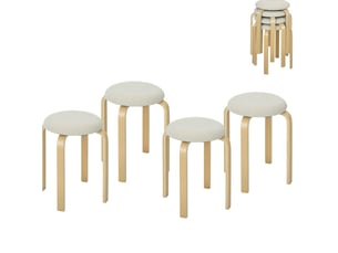 Lot de 4 tabourets de salle à manger empilables, assise rembourrée en tissu effet lin, bois blanc crème