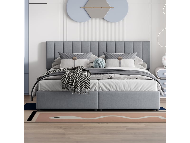  Lit coffre 180x200 cm, coffre de rangement hydraulique et convertible en 2x90x200 cm, en tissu, gris, sans matelas  - Conforama C