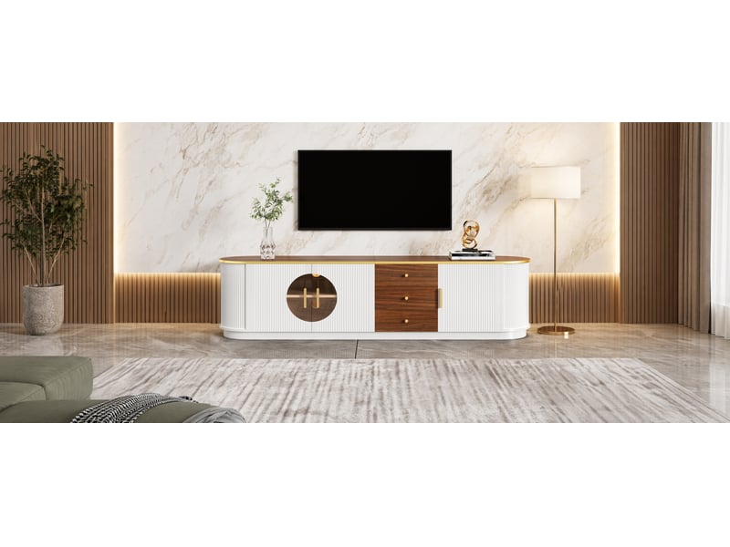  Meuble tv avec 3 tiroirs, 3 portes, passe-câbles, mdf blanc et verre brun, pour salon, 180x40x46 cm  - Conforama W
