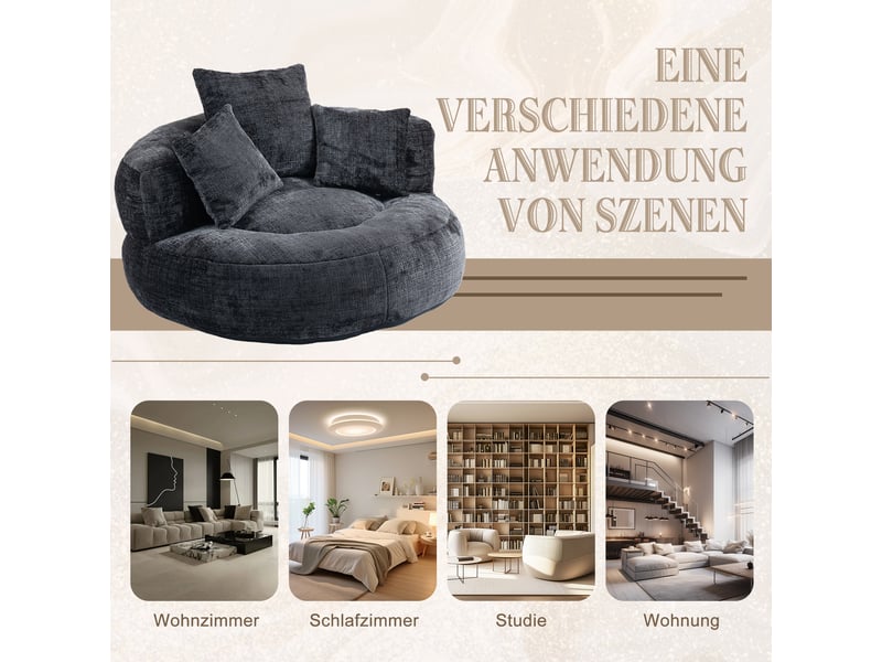  Pouf géant adulte en chenille noire, fauteuil de sol ergonomique avec dossier haut, canapé paresseux pour chambre et gaming.  - Conforama R