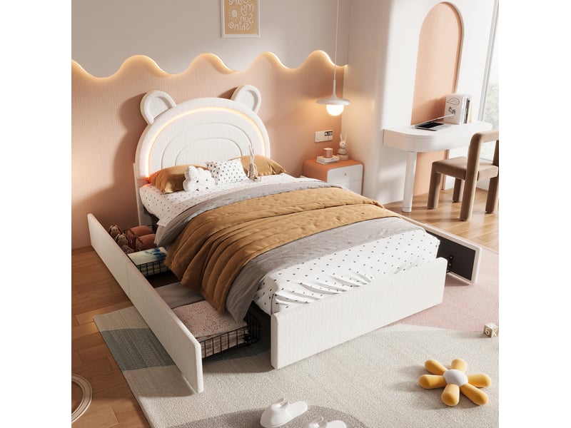  Lit enfant 90 × 200 cm avec 4 tiroirs latéraux, tête de lit ours et éclairage led commandé par application, beige  - Conforama B