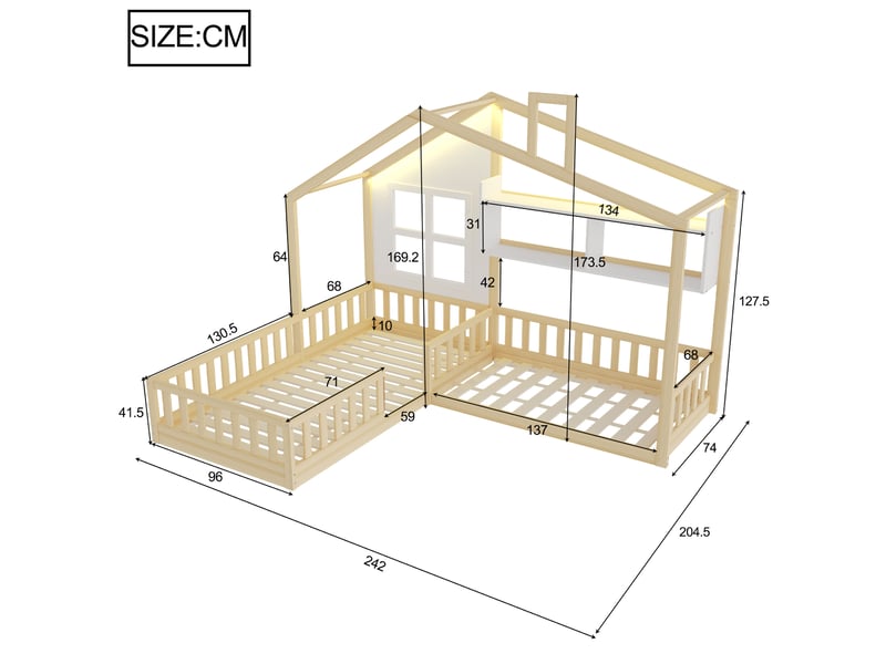  Lit enfant cabane 90 x 200 cm et 140 x 70 cm en bois naturel et blanc avec led et rangements  - Conforama E