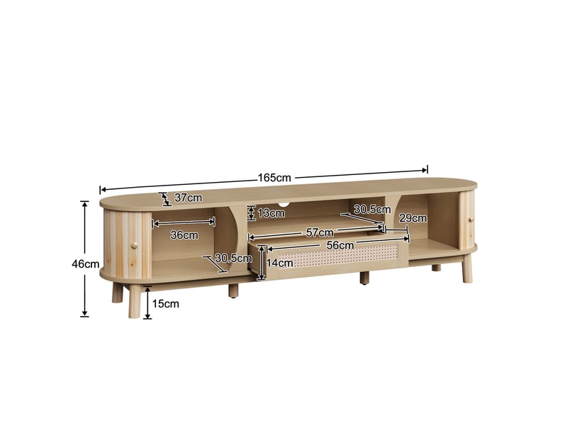  Meuble tv 165 cm, buffet bas de salon avec portes coulissantes et tiroirs en rotin, en mdf et rotin tressé de style bohème chic rustique, naturel  - Conforama E