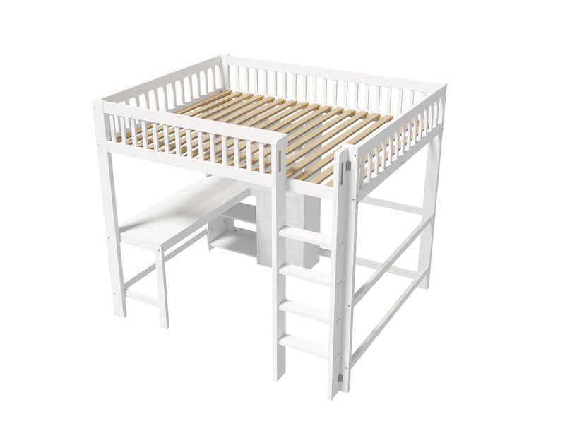  Lit mezzanine avec bureau, 3 tiroirs, rangements et échelle, blanc, 140x200 cm  - Conforama E