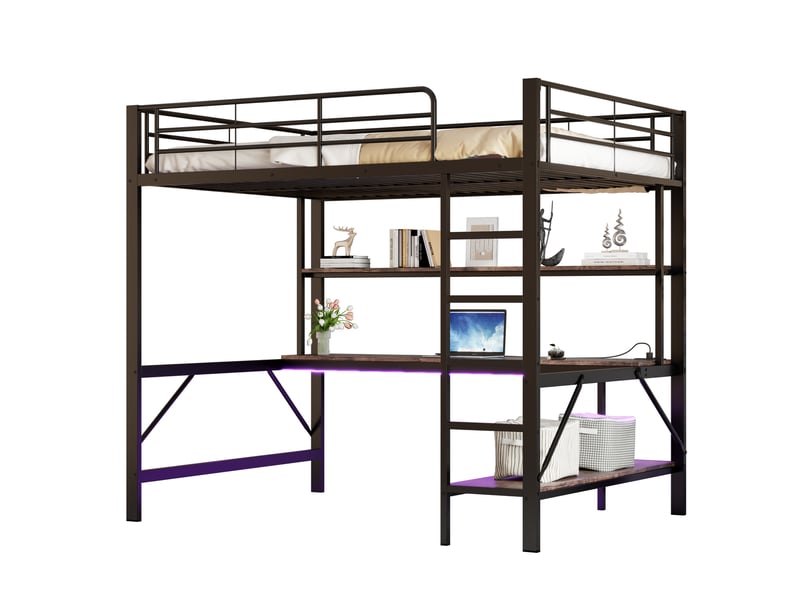  Lit mezzanine 140x200 avec bureau, lit mezzanine métal noir avec étagères, port usb et éclairage led, cadre de lit enfant  - Conforama A