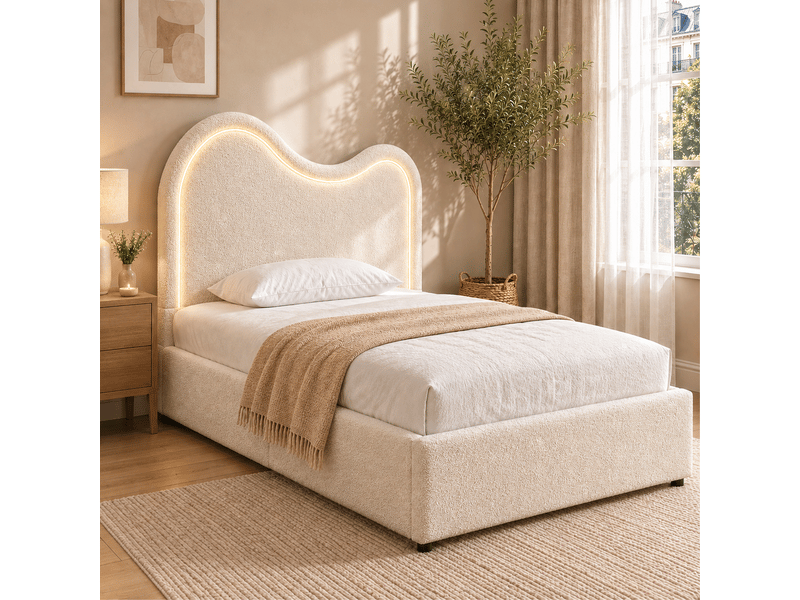 Lit coffre enfant 90 × 200 cm 1 place avec rangement hydraulique et led multicolore, sans matelas, bouclé blanc  - Conforama C