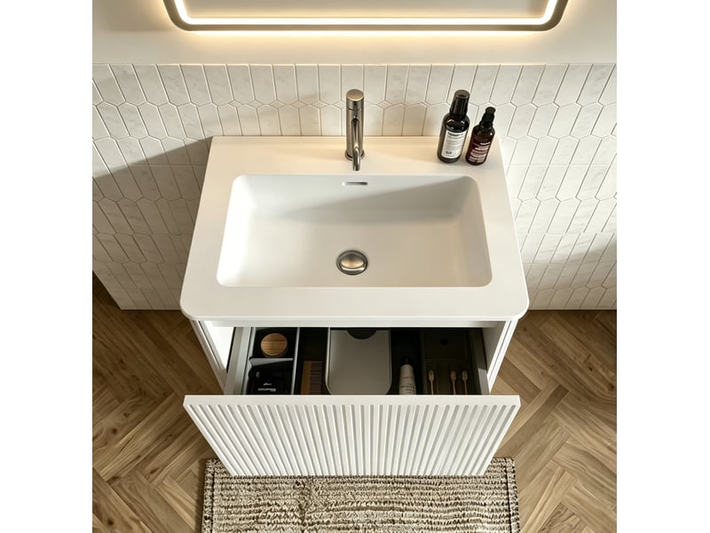  Meuble vasque suspendu 61 cm avec miroir led 60 x 80 cm, blanc, 1 tiroir  - Conforama E