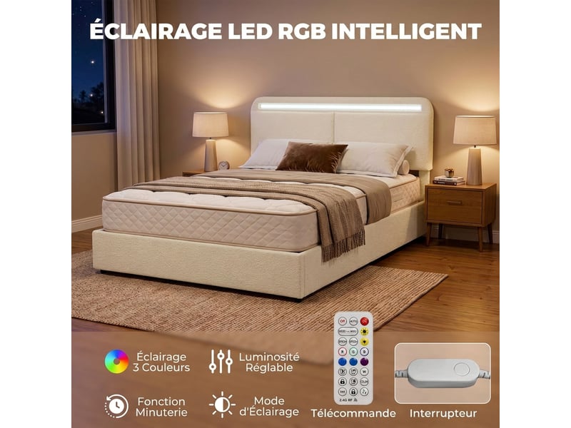  Lit coffre 140 x 190 cm, led rgb, tête réglable, cadre de lit double rembourré velours, rangement hydraulique, crème  - Conforama E