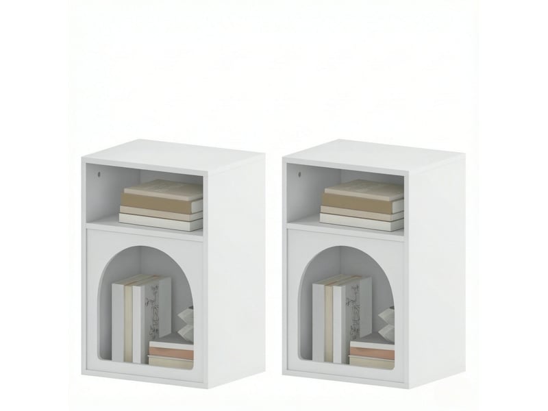  Lot de 2 tables de chevet blanches en mdf avec 2 niches ouvertes, design arqué moderne pour votre chambre  - Conforama A