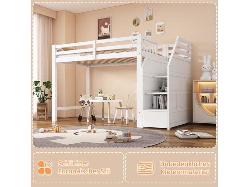  Lit mezzanine enfant 90x200 en bois de pin massif avec escalier de rangement et sommier, barrière de sécurité, structure blanche  - Conforama E