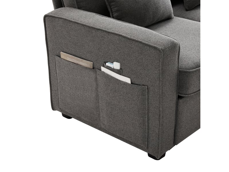  Canapé droit 4 places 264x83x87 cm, poches de rangement, bois et métal, couleur gris foncé, design moderne  - Conforama E